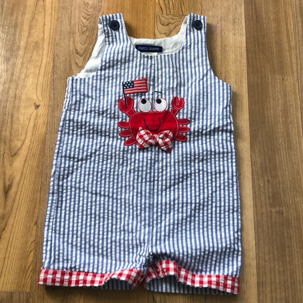 Boy Seersucker Overall with American Flag Crab